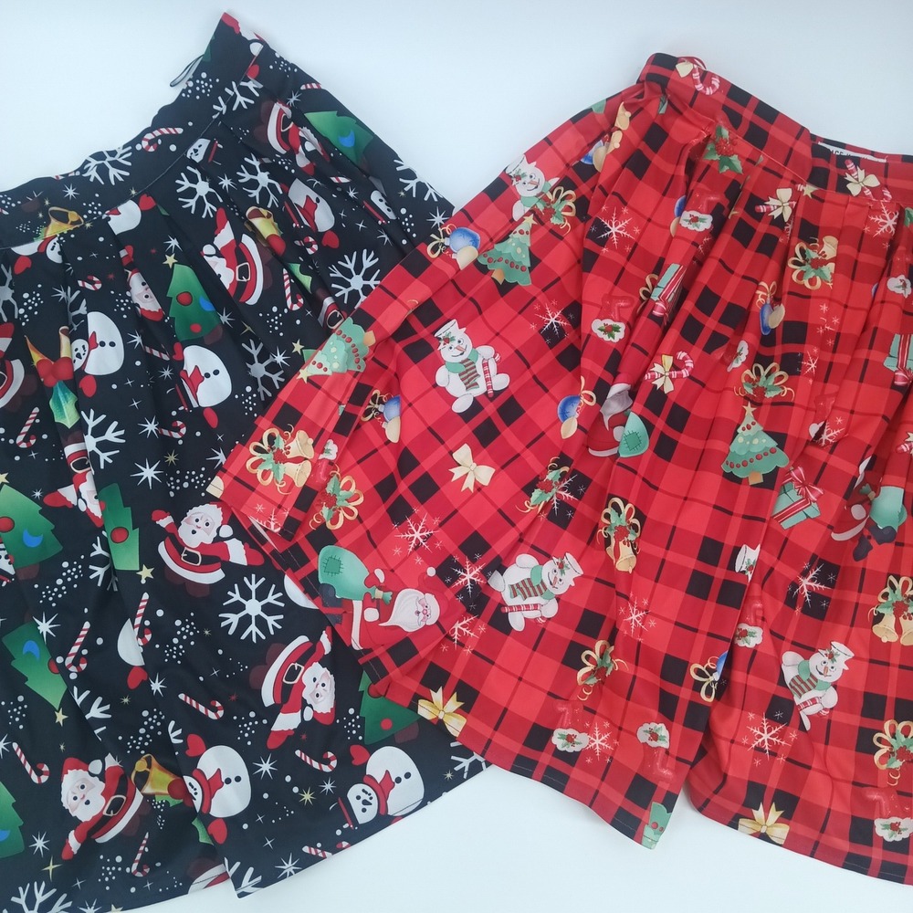 Lot 2Grace Karin Christmas Skirts Womens Medium Red Plaid Black Santa Snowman